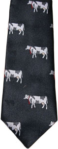 Black NZ souvenir tie with several white cows on the front