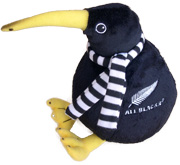 All Blacks soft toy Kiwi with black an white striped scarf